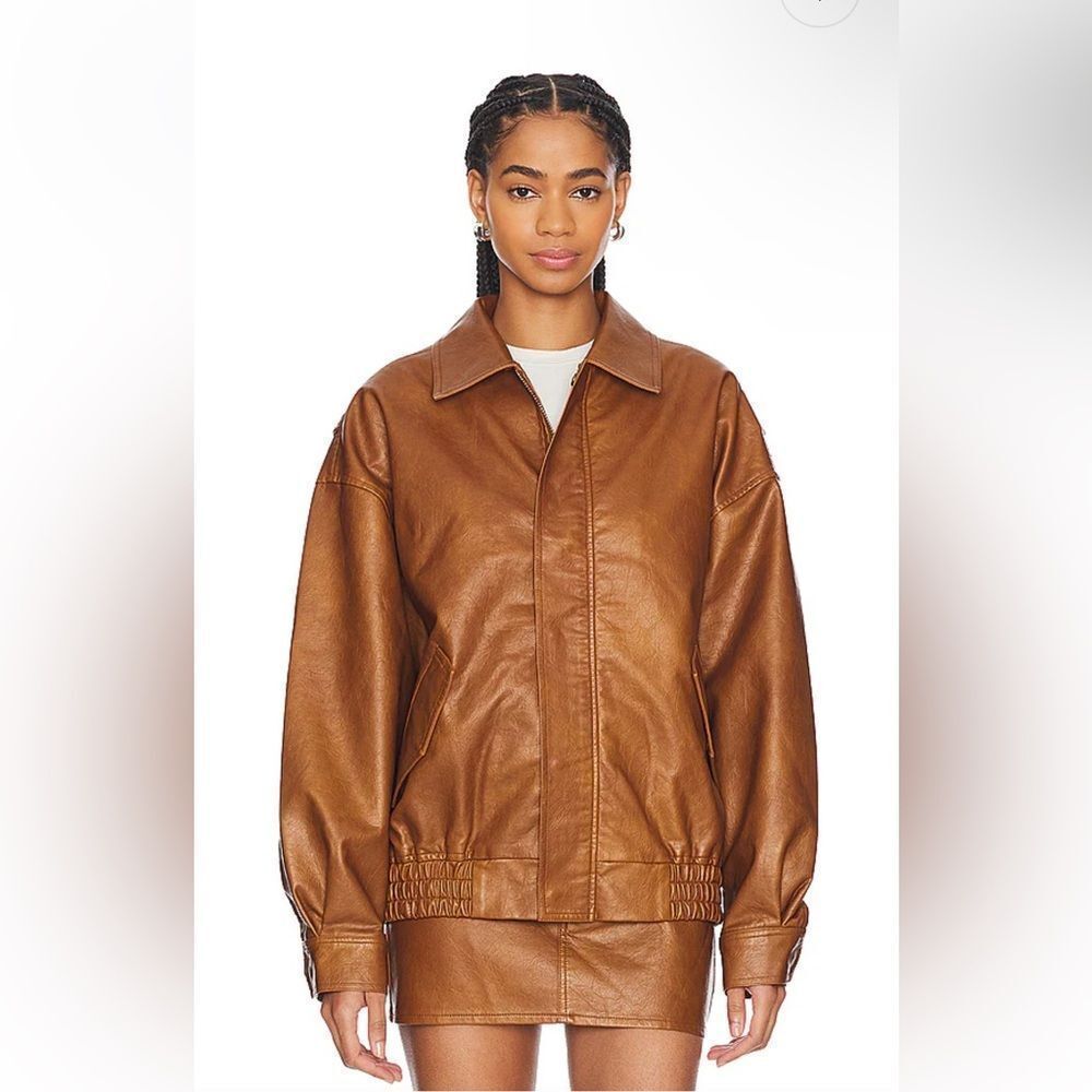 Lioness Kenny Bomber Tan brown jacket and skirt set vegan leather Revolve XS - Picture 2 of 12